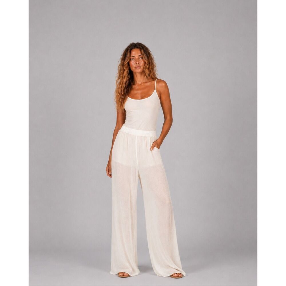 NWT Zara Studio Limited Edition Semi-Sheer Crinkled Wide Leg Pants Ivory Cream S